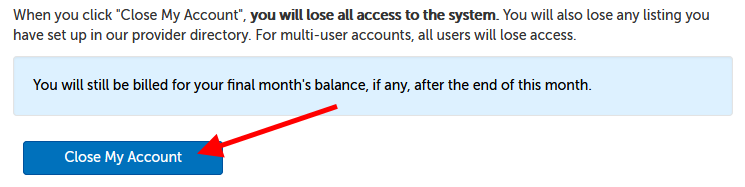 Acknowledgements and close account button