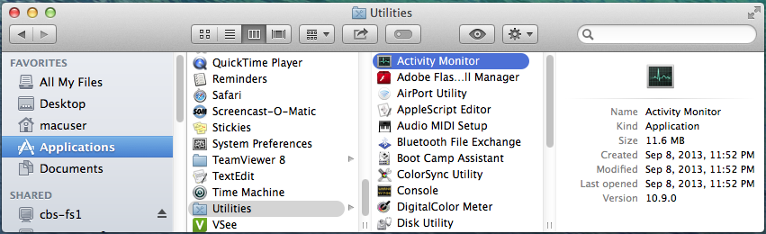 Screencap showing the filepath to the Activity Monitor on a Mac