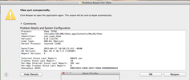 Screencap showing "VSee quit unexpectedly"