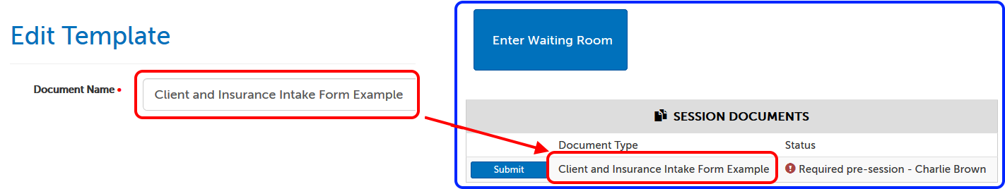 How the Document Name appears on the waiting room page