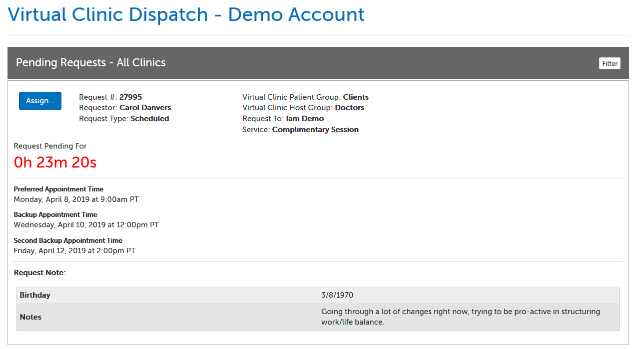 Dispatch index example; pending request