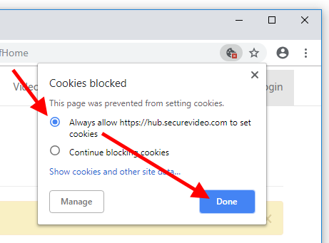 "Always allow https://hub.securevideo.com to set cookies" selection and "Done" button