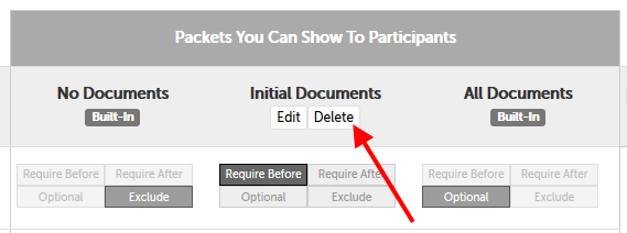 Arrow pointing to "Delete" button below the packet name "Initial Documents"