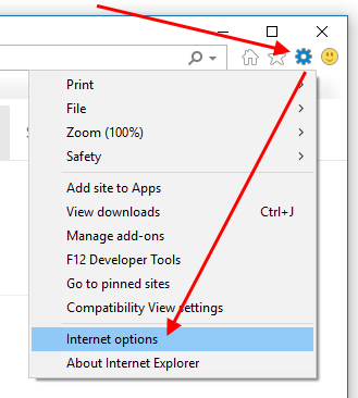 Settings icon, and Internet Options option
